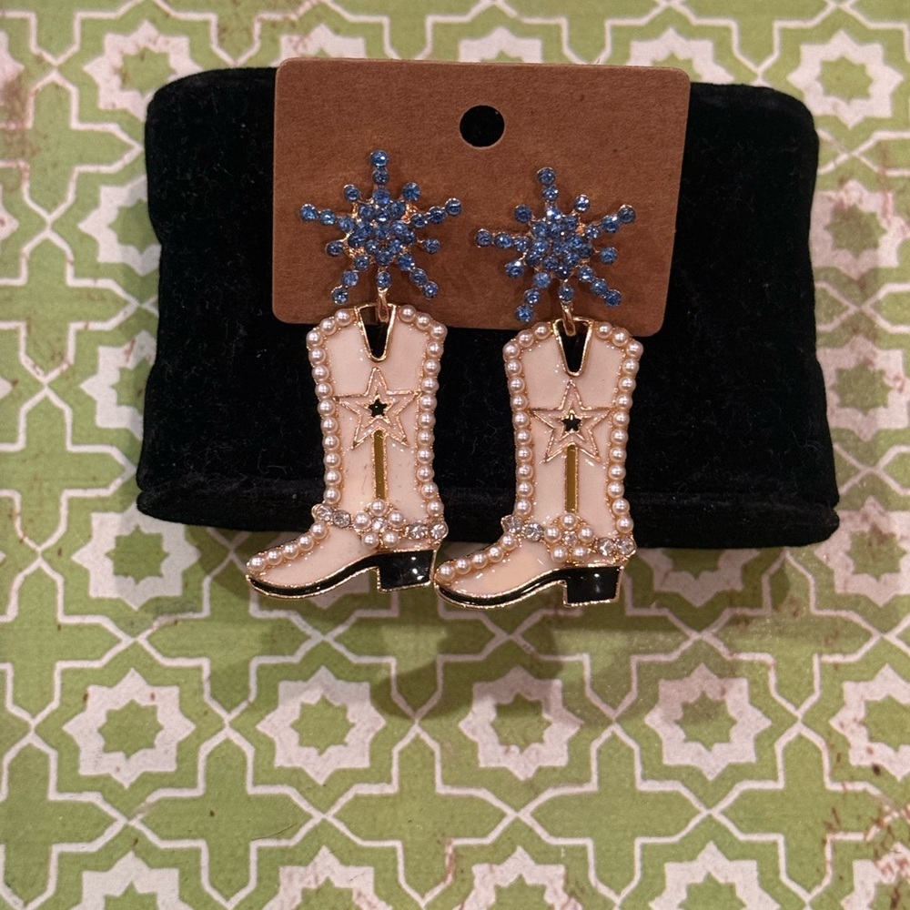 Western Core White Cowboy Boot Statement Earrings Pearl & Blue Crystal Starburst